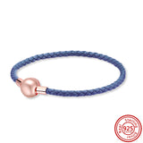 Red Pink Multicolor Woven Leather Bracelet 925 Silver Button
