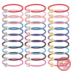 Red Pink Multicolor Woven Leather Bracelet 925 Silver Button
