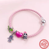 Red Pink Multicolor Woven Leather Bracelet 925 Silver Button