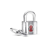 925 Sterling Silver Love Lock Bracelet Beads DIY Red Stone Hollow Beads