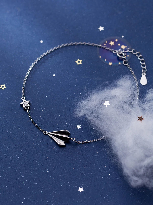 Silver Paper Airplane Stars Anklet 925 Leg Chain Woman Foot Bracelet