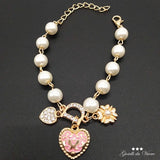 Party woman bracelet beads rhinestone ball heart fuchsia metal