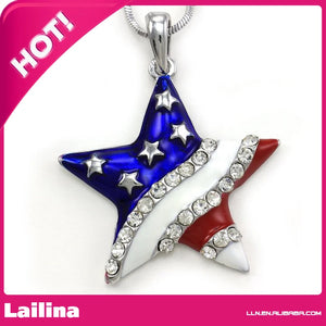 Red American Flag Star Necklace Pendant with Rhinestones