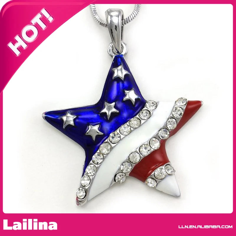 Red American Flag Star Necklace Pendant with Rhinestones