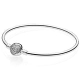 Pave Barrel Love Heart Clasp Bangle 925 Silver Charm Bracelet