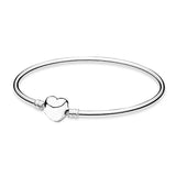 Pave Barrel Love Heart Clasp Bangle 925 Silver Charm Bracelet