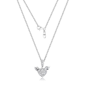 Heart & Angel Wings Necklace Clear CZ 925 Sterling Silver Jewelry