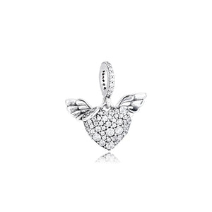 Heart & Angel Wings Necklace Clear CZ 925 Sterling Silver Jewelry