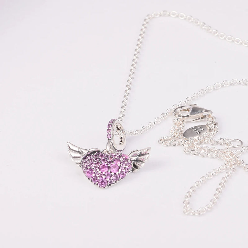Heart & Angel Wings Pendant Necklace 925 Sterling Silver for Women