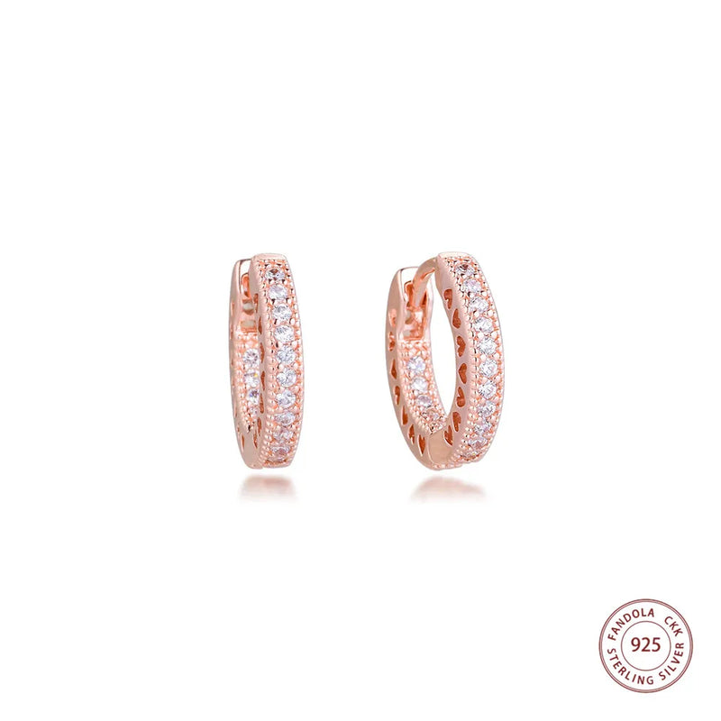 Heart Hoop Earrings 925 Silver Rose Crystal Brincos Femmes