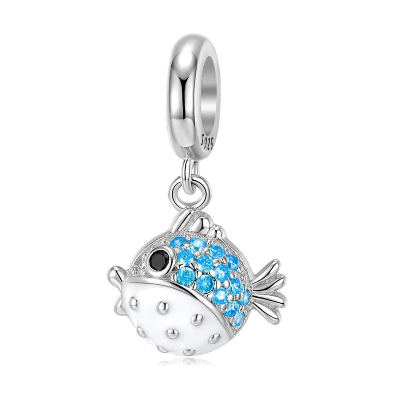 S925 Silver Pave Puffer Fish Charm for Women Jewelry Gift