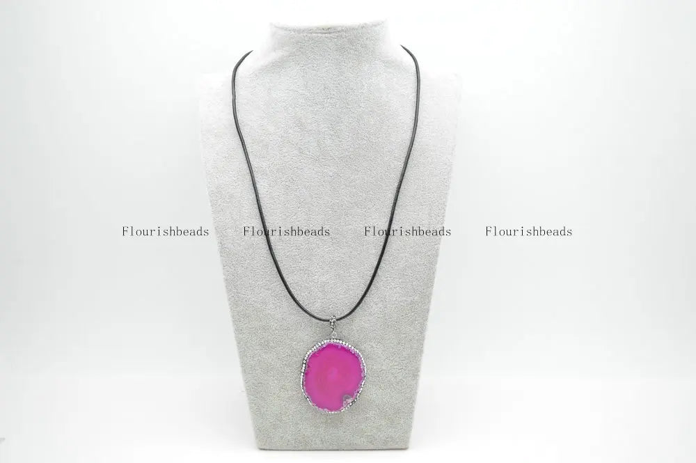 Crystal Beads Fushcia Agate Stone Slab Pendant Necklace
