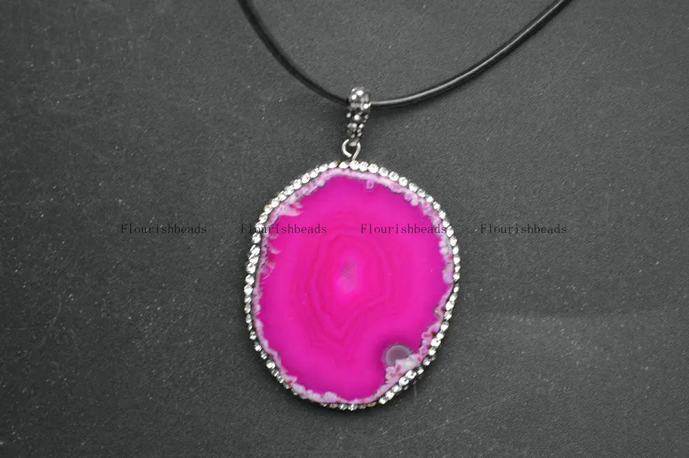 Crystal Beads Fushcia Agate Stone Slab Pendant Necklace