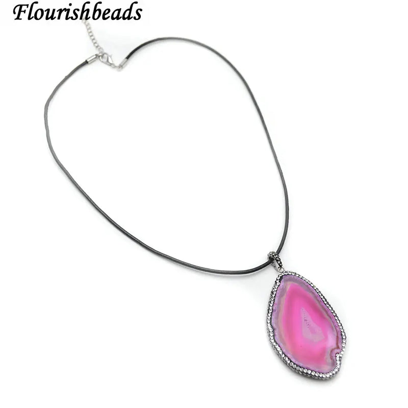 Crystal Beads Fushcia Agate Stone Slab Pendant Necklace