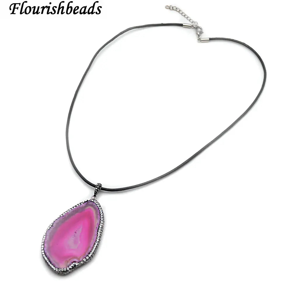 Crystal Beads Fushcia Agate Stone Slab Pendant Necklace