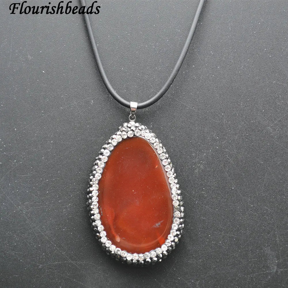 Paved Crystal Beads Red Agate Slab Pendant Leather Cord Chains Necklace