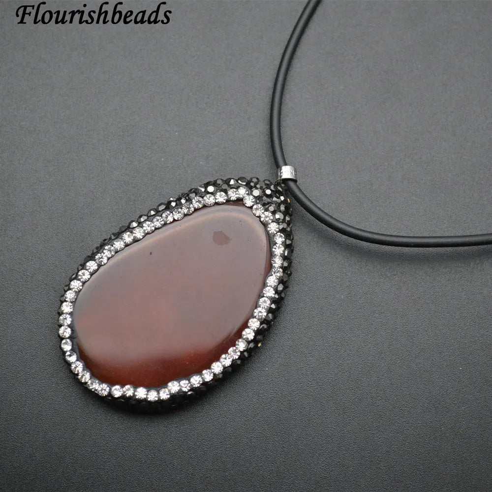 Paved Crystal Beads Red Agate Slab Pendant Leather Cord Chains Necklace