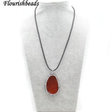 Paved Crystal Beads Red Agate Slab Pendant Leather Cord Chains Necklace