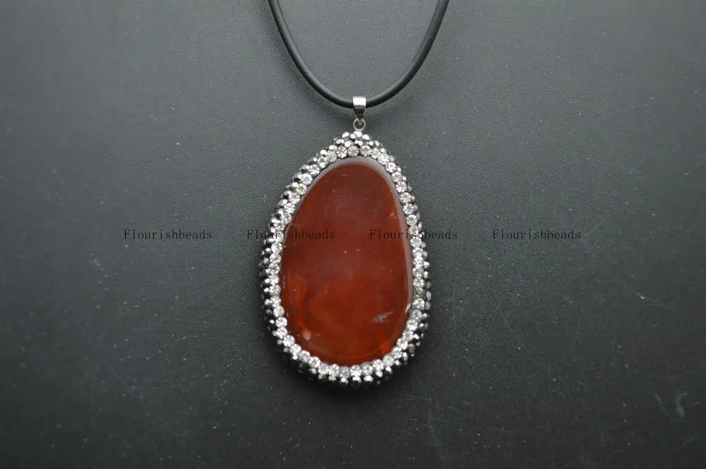Paved Crystal Beads Red Agate Slab Pendant Leather Cord Chains Necklace