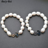 Paved CZ Abalone Shell Anchor Charm Pearl Bracelet