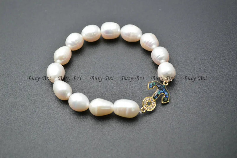 Paved CZ Abalone Shell Anchor Charm Pearl Bracelet