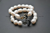 Paved CZ Abalone Shell Anchor Charm Pearl Bracelet