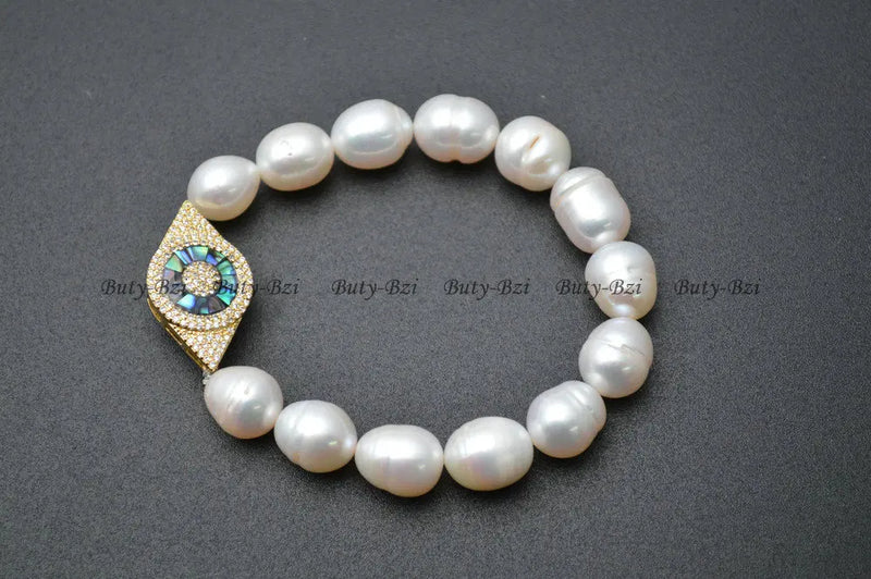 CZ and Abalone Shell Eye Charm Pearl Beads Bracelet