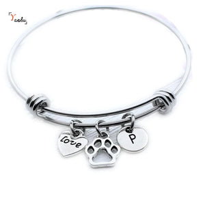 Dog Paw Print Bracelet Bangle Personalized Initial Charm Dog Lover Gift