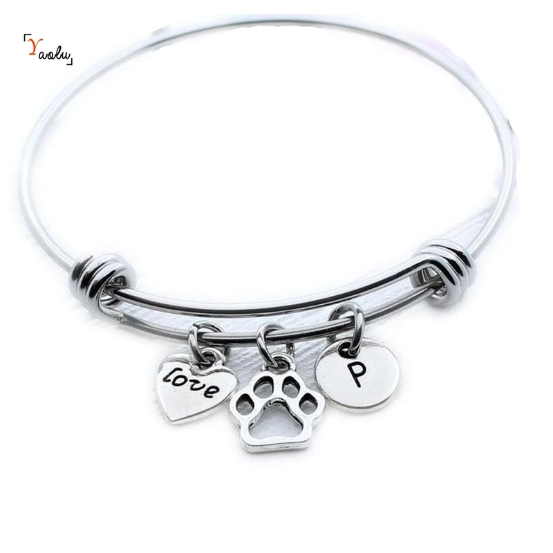Dog Paw Print Bracelet Bangle Personalized Initial Charm Dog Lover Gift
