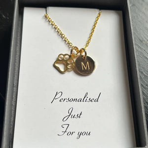 Paw Print Necklace, Initial Dog Paw, Dog Lover Gift, Personalised Gifts