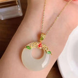 Enamel Jade Pendant Necklace for Mom - Antique Sterling Silver Gilding