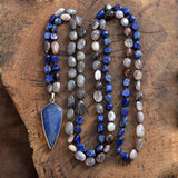 Peace Shield Pendant Long Necklace Moon Stones Knotted Beaded