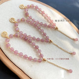 Peach Blossom Strawberry Crystal Bracelet with Blessing Pendant