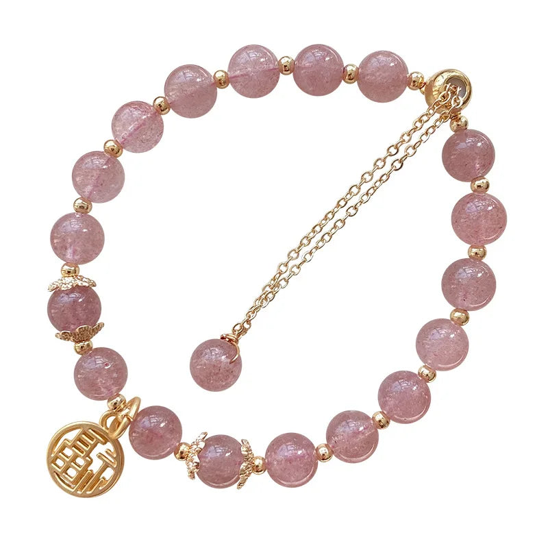 Peach Blossom Strawberry Crystal Bracelet with Blessing Pendant