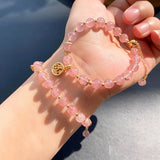 Peach Blossom Strawberry Crystal Bracelet with Blessing Pendant