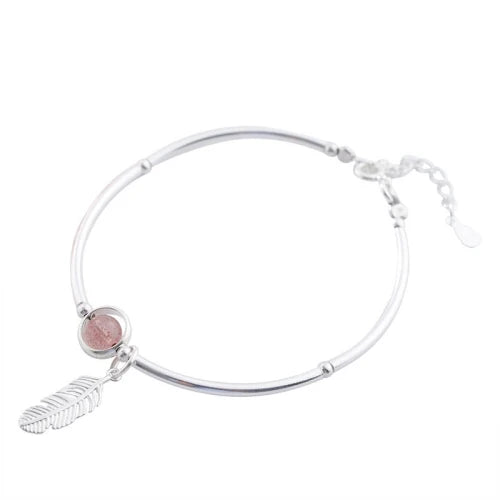 Peach Blossom Strawberry Quartz Pink Crystal Beads Feather Charm Bracelet