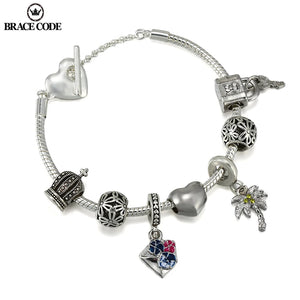 Peach Heart T Buckle Bracelet with Pansy Flower Pendant