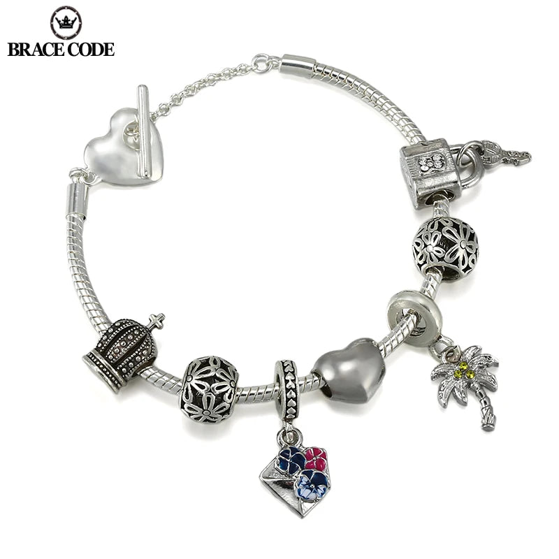 Peach Heart T Buckle Bracelet with Pansy Flower Pendant