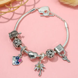 Peach Heart T Buckle Bracelet with Pansy Flower Pendant