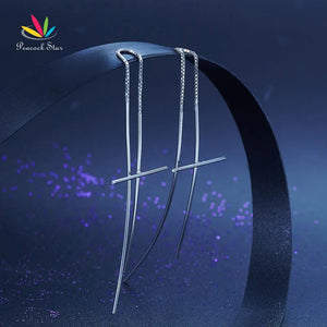 925 Silver Dangle Drop Cross Earrings Long