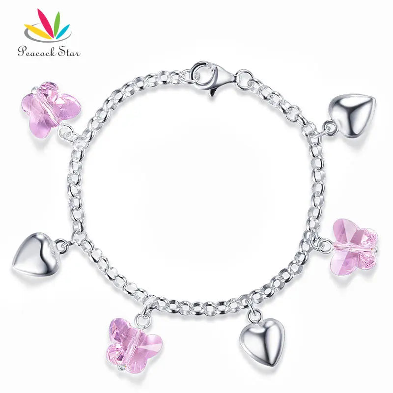 925 Sterling Silver Bracelet Pink Butterfly Crystal Hearts Gift