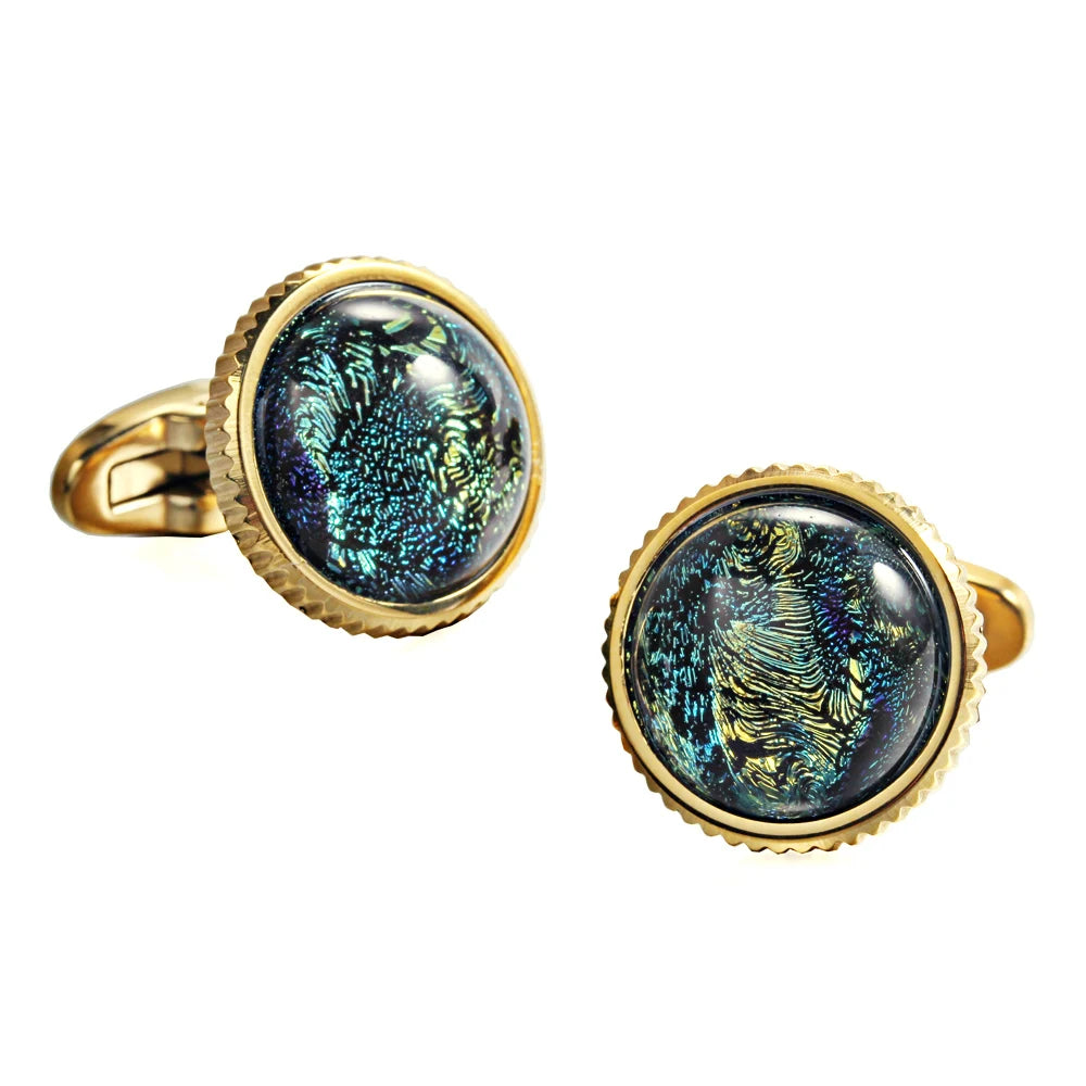 Liuli Crystal Peacock Foil Glass Cufflinks for Tuxedo