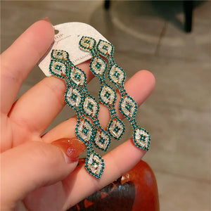 Peacock Feather Green Rhinestone Earrings for Women