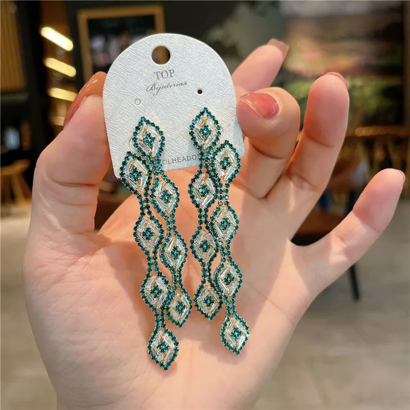 Peacock Feather Green Rhinestone Earrings for Women