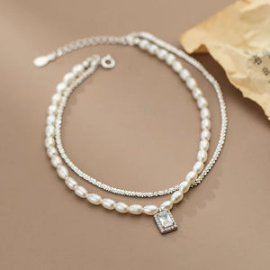 925 Silver Pearl Anklet CZ Dangle Double Layer Foot Chain