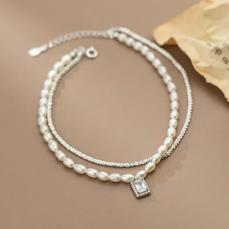 925 Silver Pearl Anklet CZ Dangle Double Layer Foot Chain