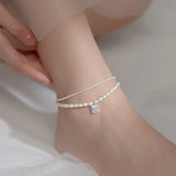 925 Silver Pearl Anklet CZ Dangle Double Layer Foot Chain