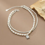 925 Silver Pearl Anklet CZ Dangle Double Layer Foot Chain