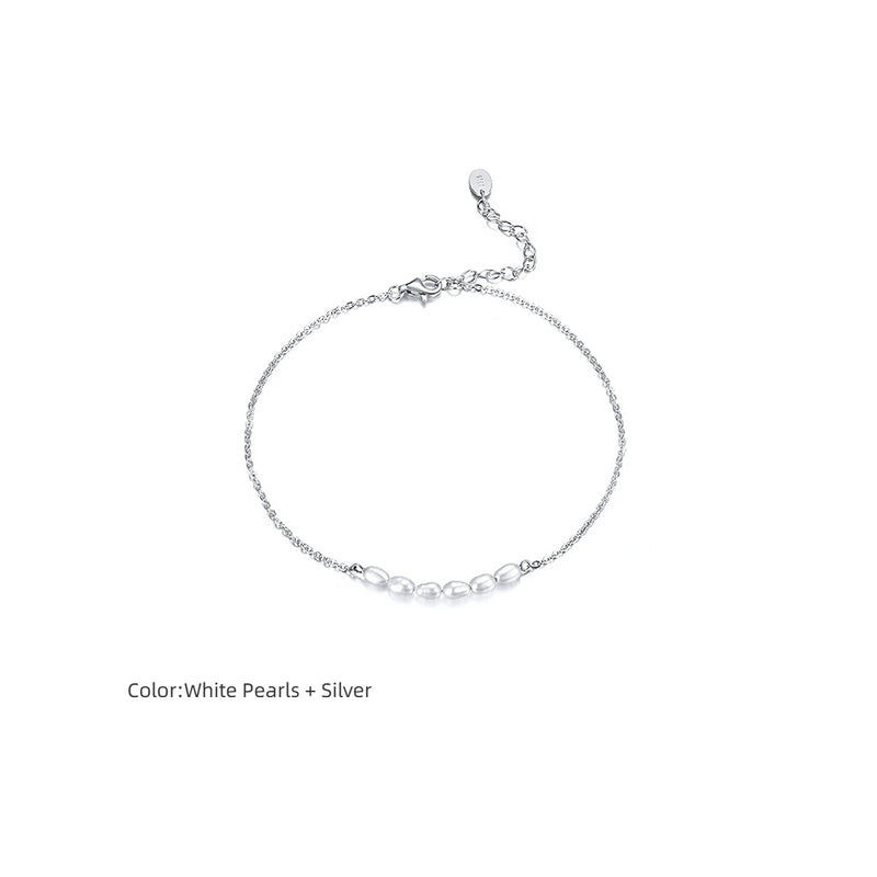 Pearl Anklet Women 6 Rice Bead Sideway Summer Beach Boho Dainty Rose Foot Chain