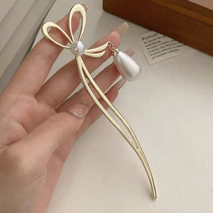 Golden Pearl Bowknot Hairpin Punk Girls Hair Bun Chopsticks